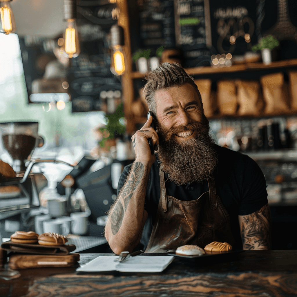 a cafe owner scheduling a call inside the cafe