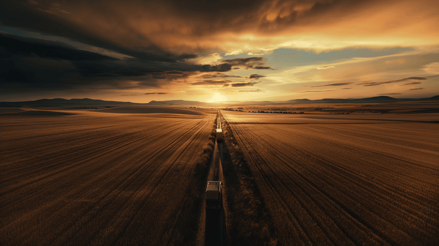 a truck driving on a field during sunset