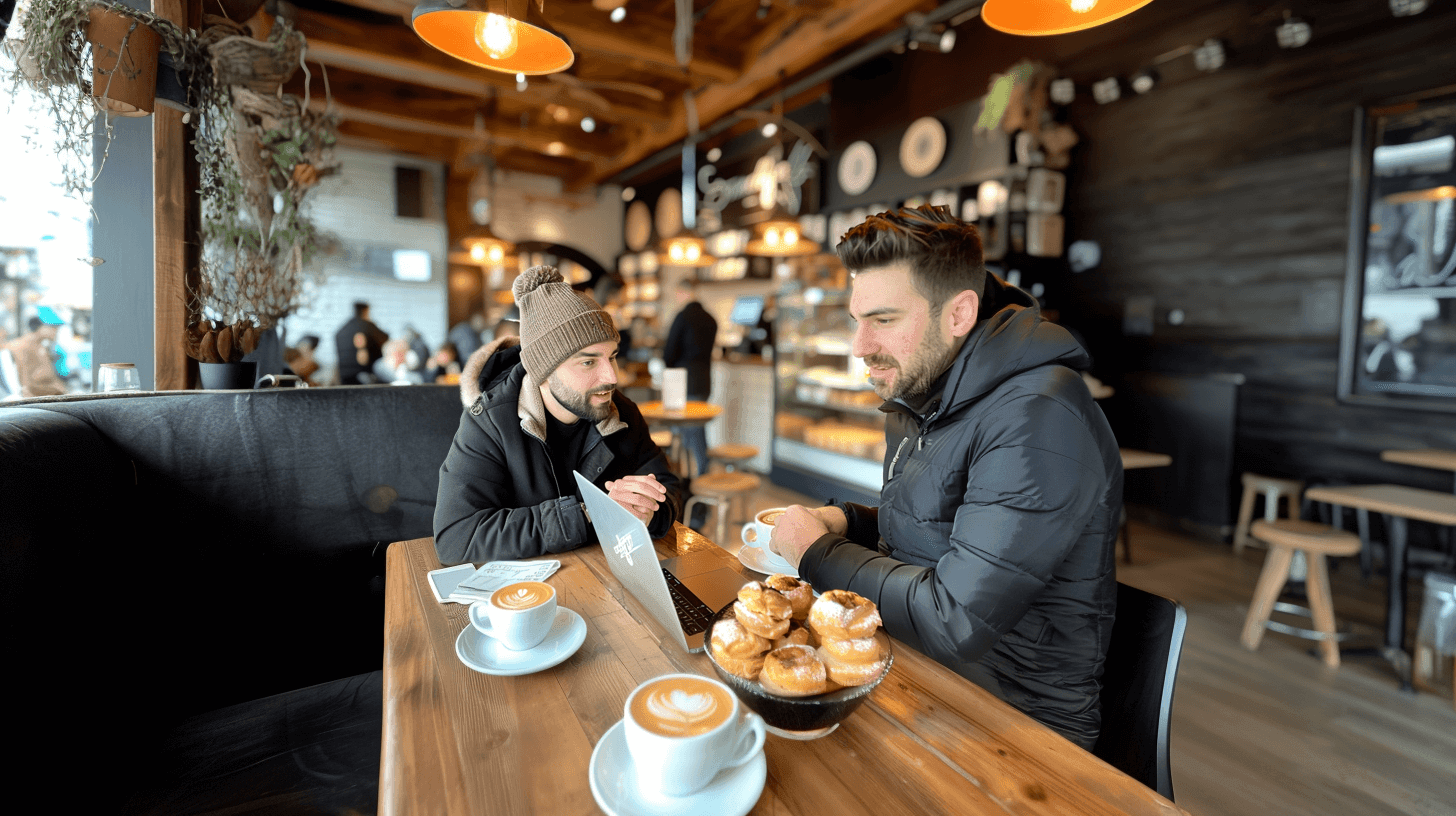 a web developer explaining the website presentation to a cafe owner